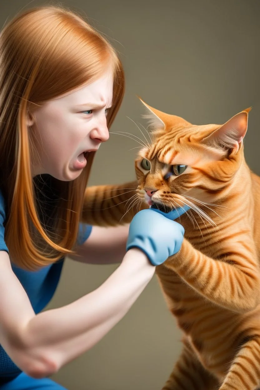 tabby cat punching a ginger girl in the face with boxing gloves