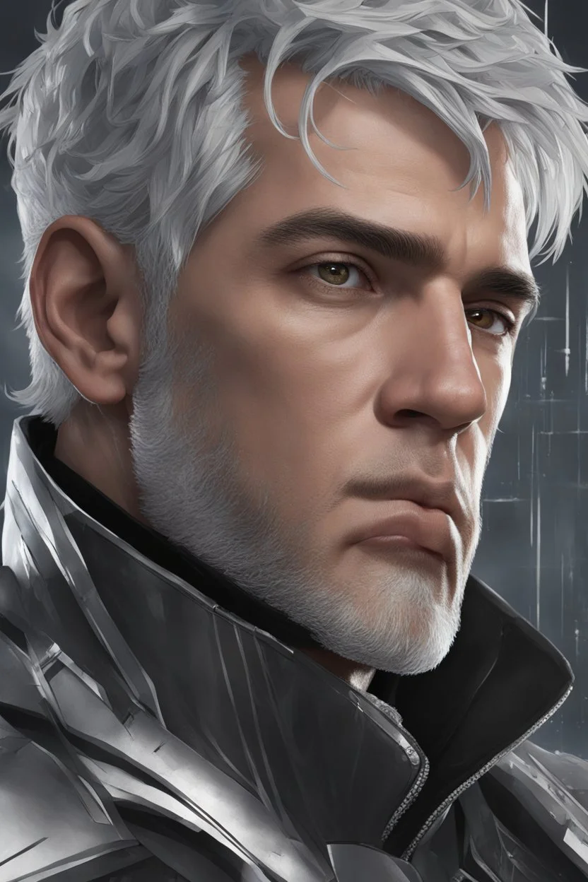 close up headshot portrait of a man in his 20's, silver hair, gray eyes, athletic build, perfect face, confident, protective-looking, Wadim Kashin, James Gurney, amazing beauty, splash art background, wears silver and black clothes, anime style, 8k resolution, high definition, intricate design,