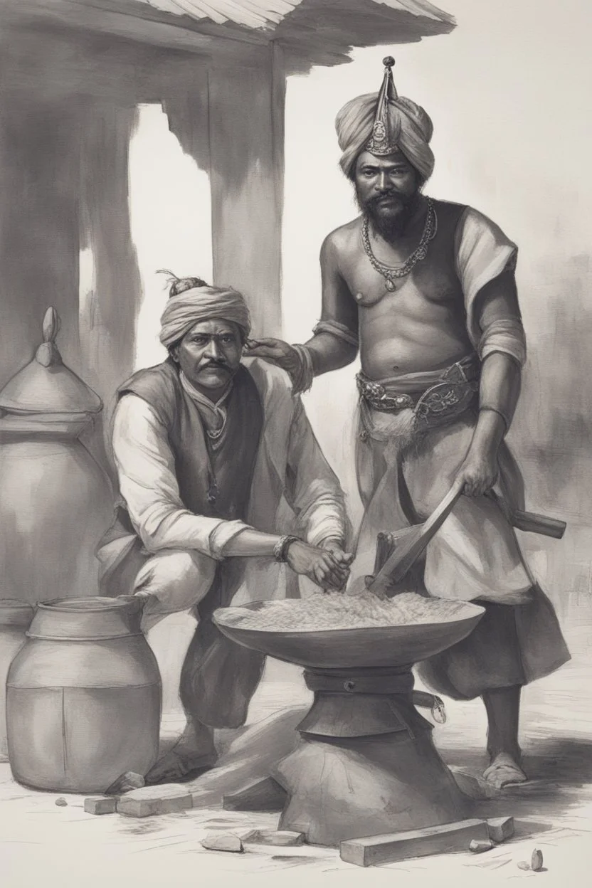 A Indian blacksmith seat on ground and work something with a Indian king standing in front of him and a bag of sandalwood on one side, the king pointing towards the Bag.