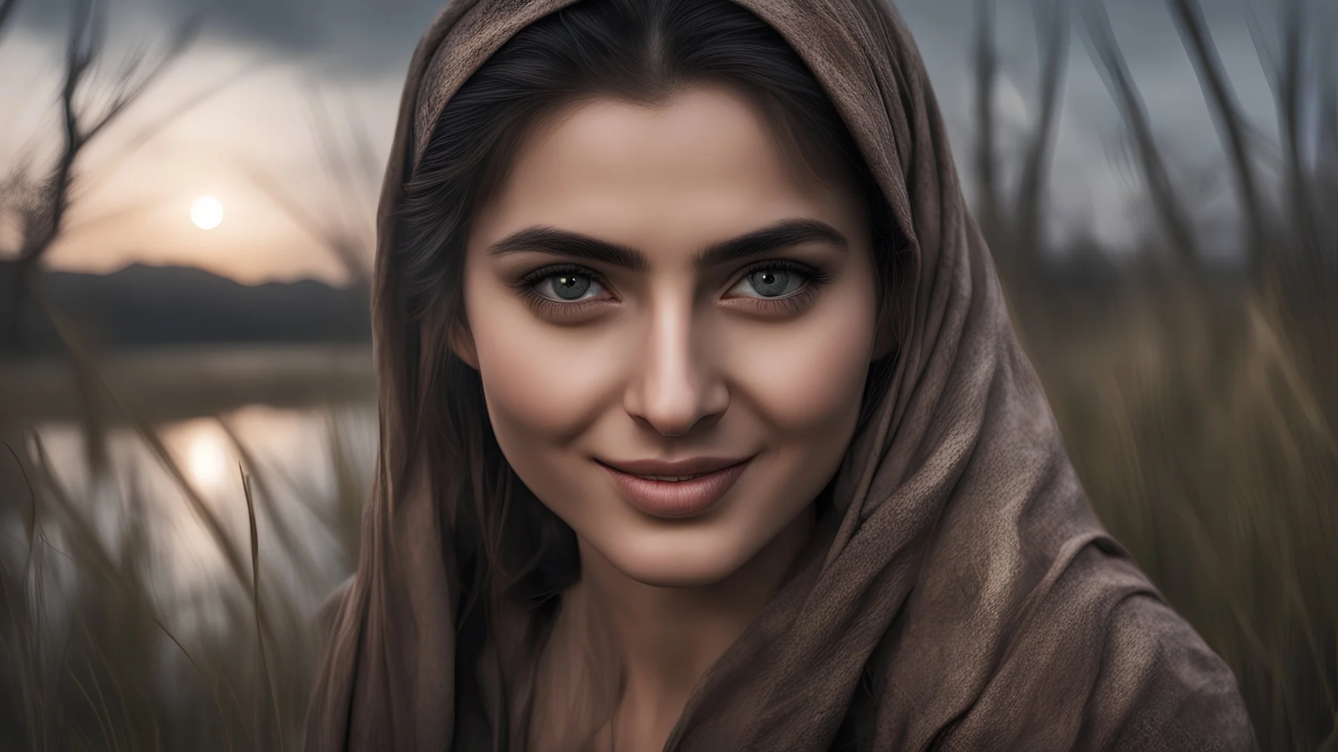 Hyper Realistic Close-up-view of Antagonist-Young-Happy-Pashto Woman with beautiful eyes negatively-Smiling on riverside & long-grass-&-dry-trees at dark-cloudy-night with dramatic ambiance