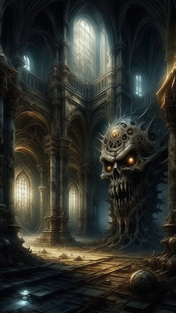 dark fantasy art of a medieval abandoned hall