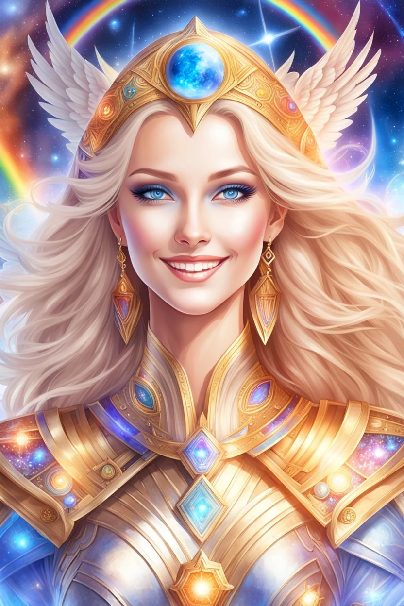 cosmic woman angels smile,admiral ufo high commander from the future, one fine whole face, crystalline skin, expressive blue eyes,rainbow, smiling lips, very nice smile, costume rainbow pleiadian, Beautiful tall woman pleiadian Galactic commander, ship, perfect datailed golden galactic suit, high rank, long blond hair, hand whit five perfect detailed finger, amazing big blue eyes, smilling mouth, high drfinition lips, cosmic happiness, bright colors rainbow, blue, pink, gold, jewels, realist,8k