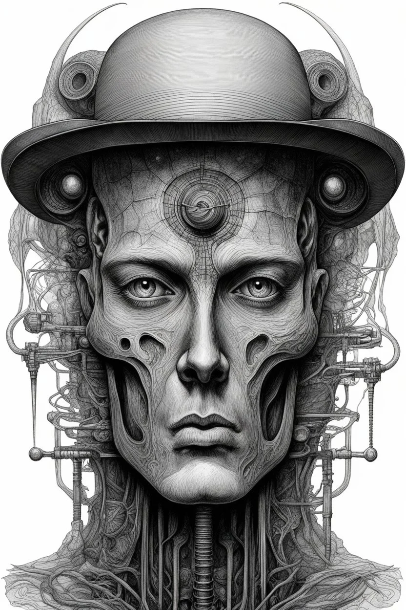 The face of a man with a hat a thin line draw ، front view camera, decayed and rotting with grotesque proportions and imagery. surreal horror, biomechanical design, by hr giger and beksinski , fine lines draw