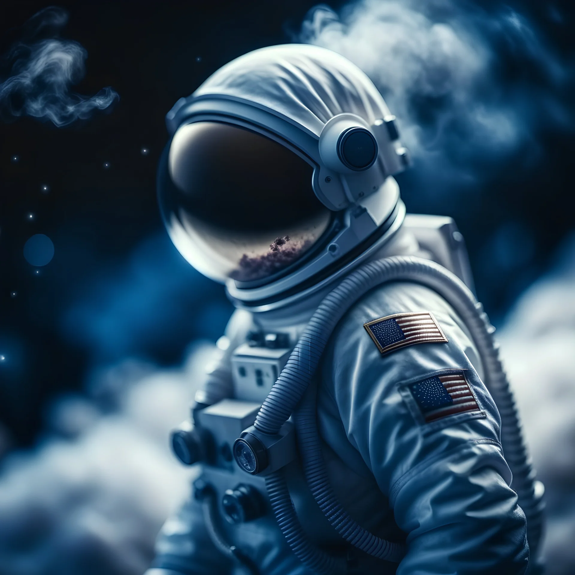 astronaut no face looking to the earth from cosmos, photo-realistic, shot on Hasselblad h6d-400c, zeiss prime lens, bokeh like f/0.8, tilt-shift lens 8k, high detail, smooth render, down-light, unreal engine 5, cinema 4d, HDR, dust effect,, smoke