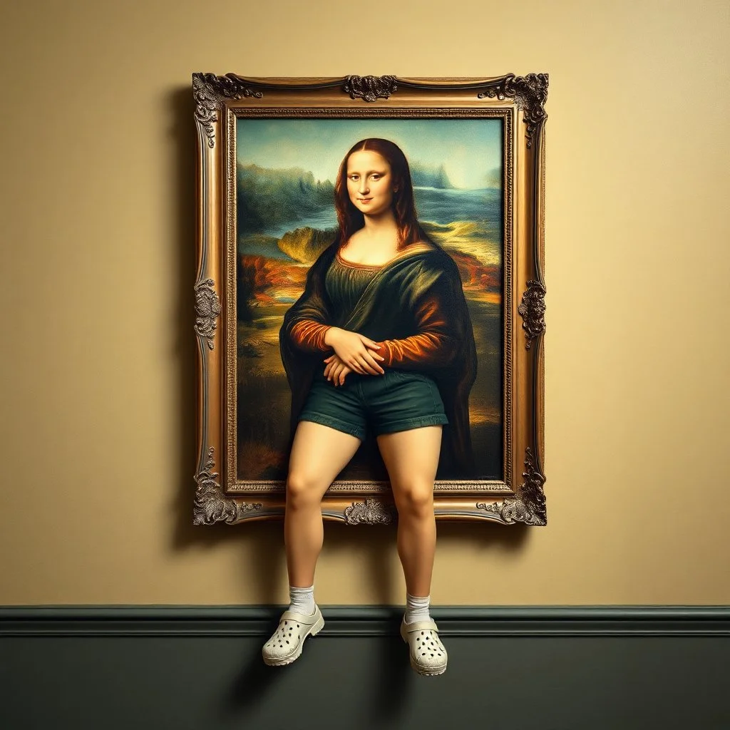 A painting of Mona Lisa on the wall, the frame with shorts and Crocs attached to her human legs