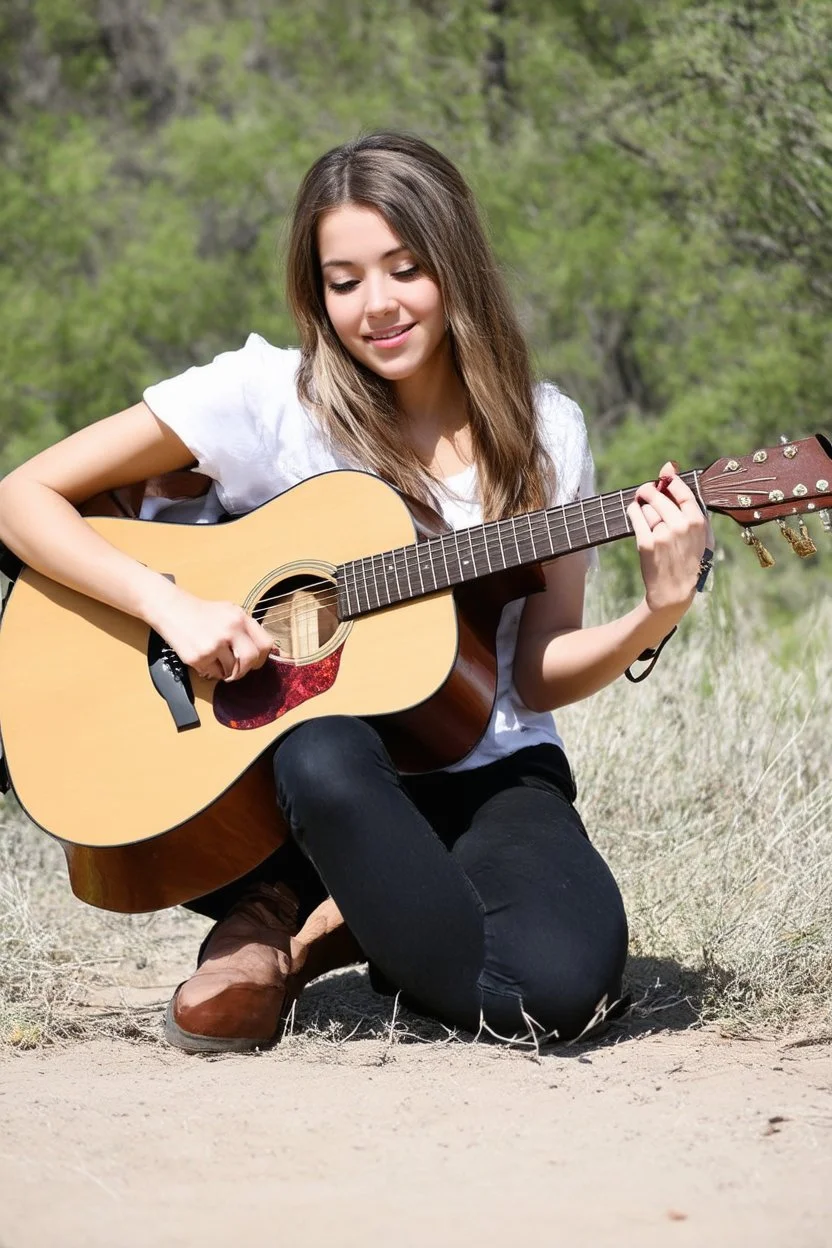 beautiful woman playing acoustic guitar in mid west