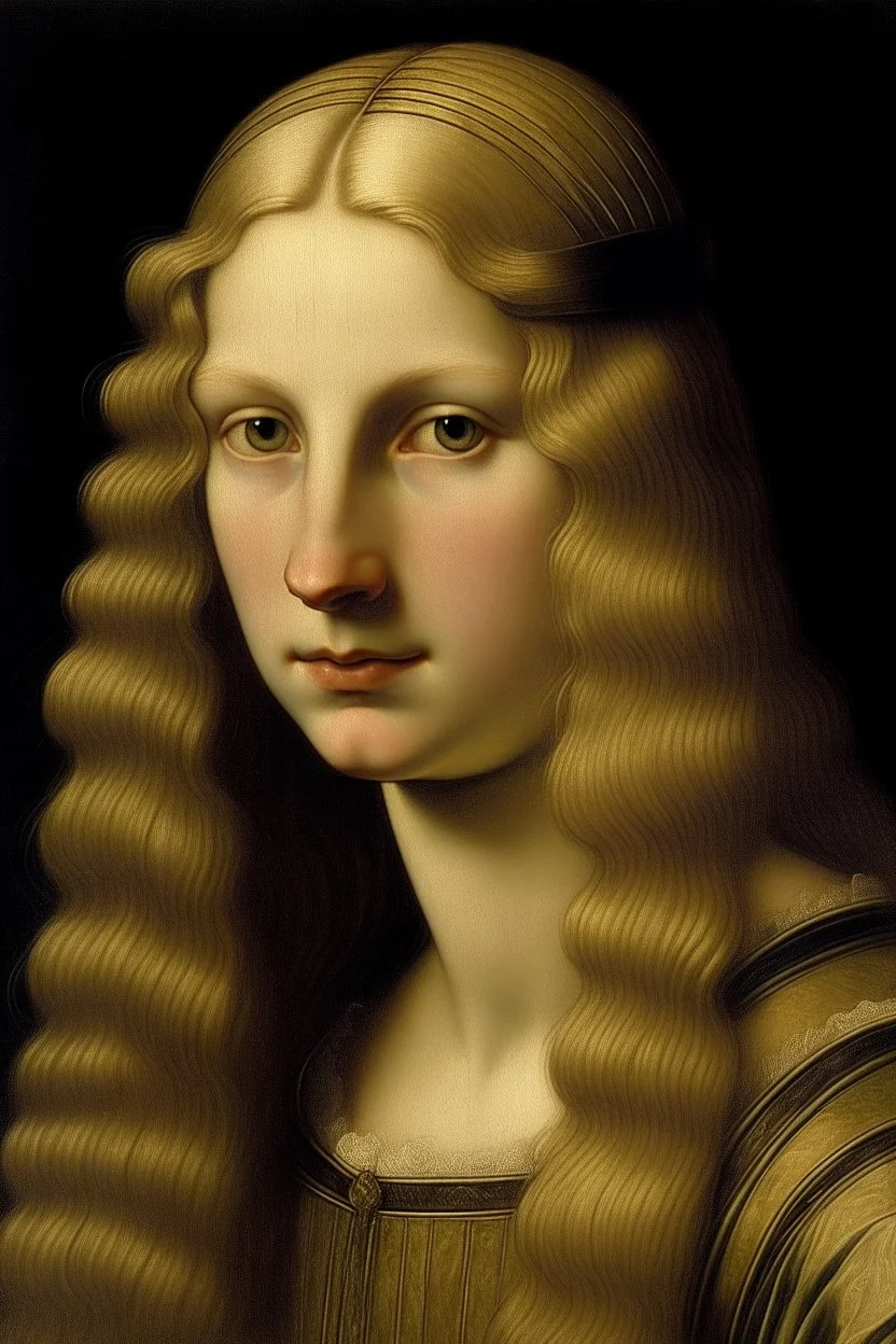 A girl in her late twenties, with slightly sharp features, long blond hair and hazel eyes, wearing a Chanel dress by Leonardo da Vinci