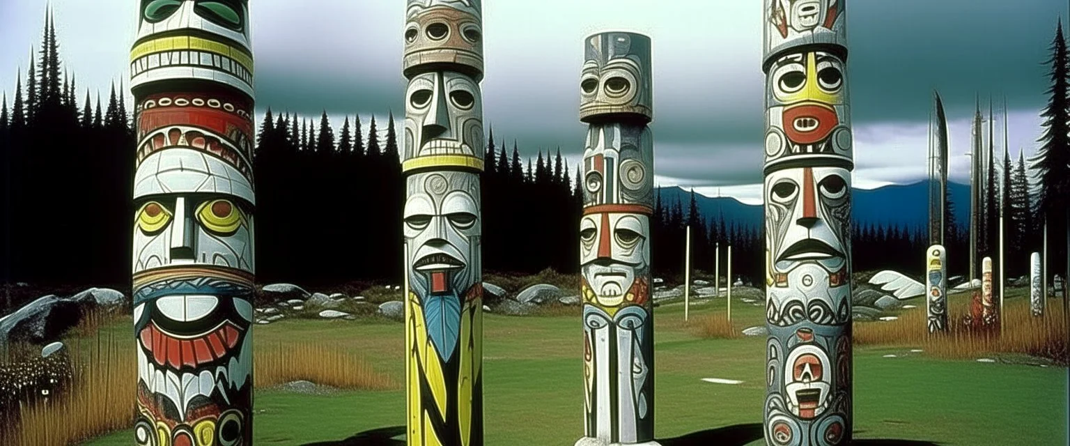 A gray rocky tundra designed in pacific Northwest totem poles painted by Andy Warhol