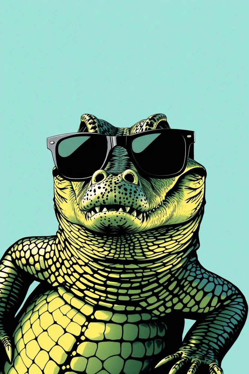 crocodile with sunglasses in the style of warhol