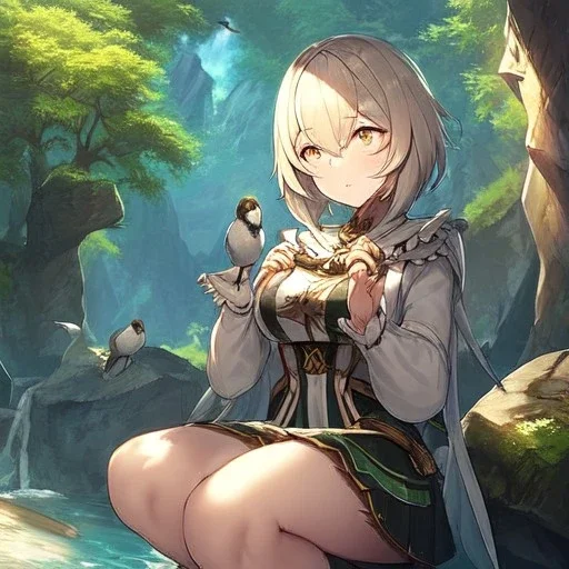 anime girl meditating pose with eyes closed and her hands on her knees and she is looking up, rock trees, birds, creek, very detailed on facial features and correct hand placement.