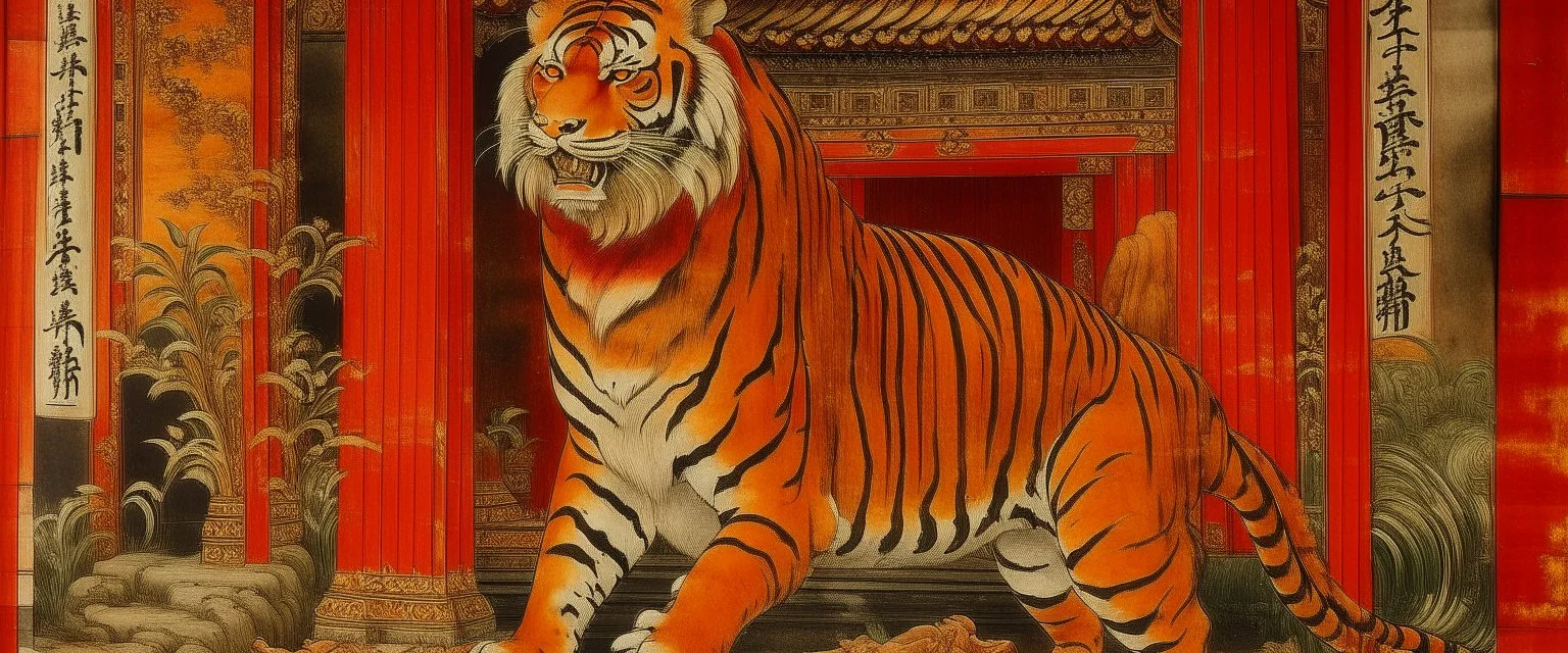 An orangish red fiery temple with a scorching tiger painted by Guo Xi