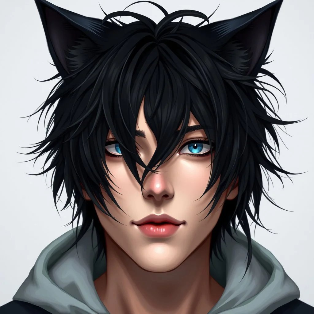 An androgynous man with messy black hair, black cat ears on his head, blue eyes.