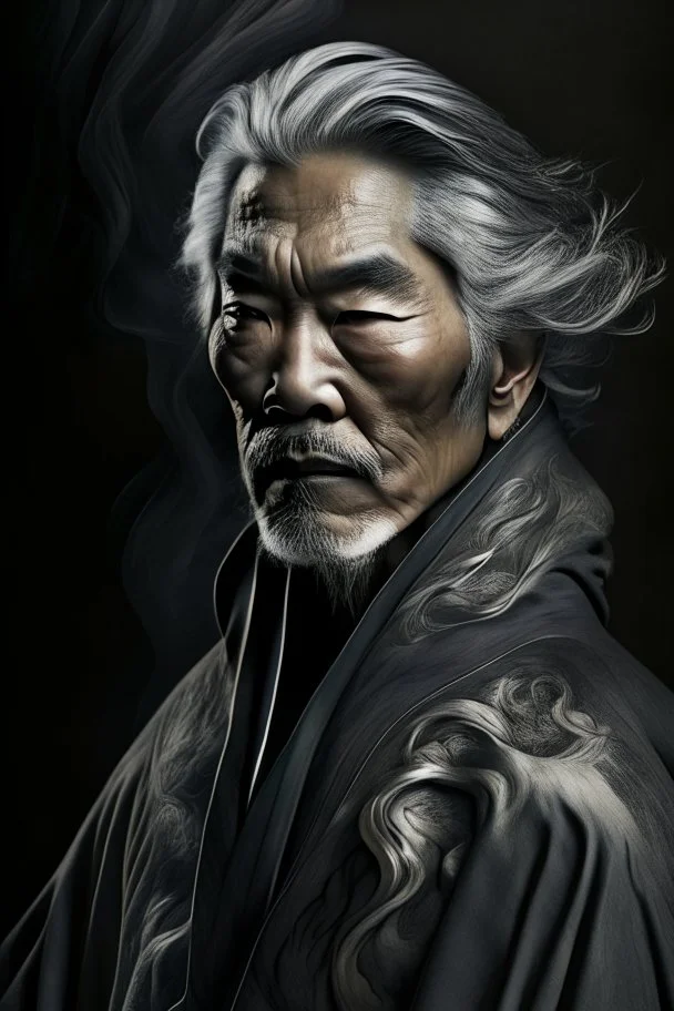 a photo of an Asian man with ethnic jewelry, grey hair and grey flowing robe, in style of Annie Leibovitz, contemporary portrait of a mature yet beautiful and modernist man, black and grey, detailed masculine face, swirling fluid smokey enigma, award-winning artwork