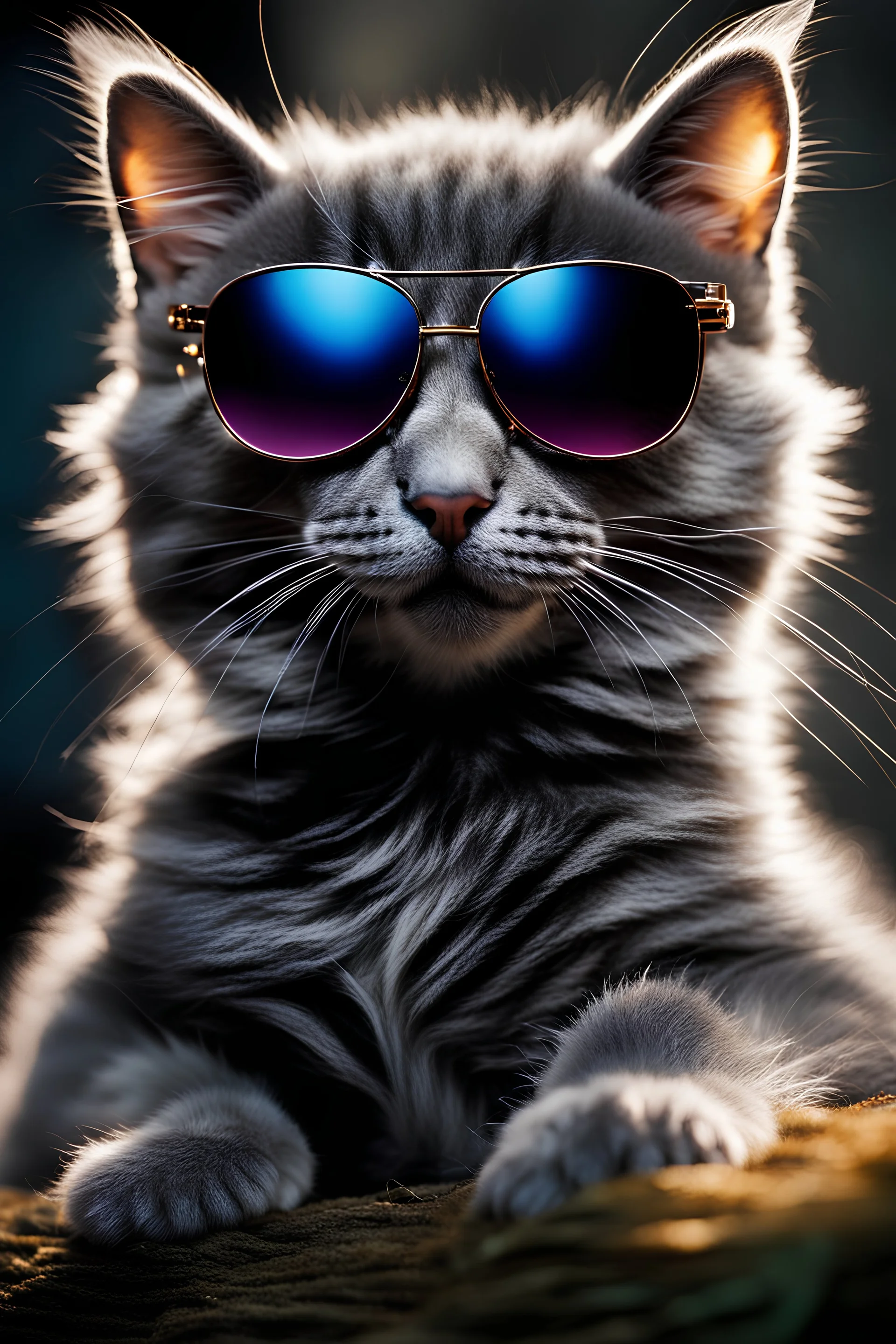 incredibly cute beautiful little grey fluffy kitten with sunglasses , bioluminescent vivid colors, dynamic light and shadow, very detailed scene with intricate details, realistic, natural colors ,perfect composition, insanely detailed 32k artistic photography, photorealistic concept art, soft natural volumetric light