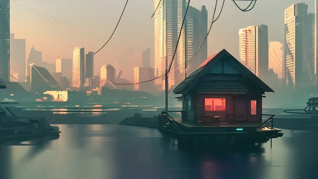 small Wooden Cabin, In cyberpunk city-skyline,