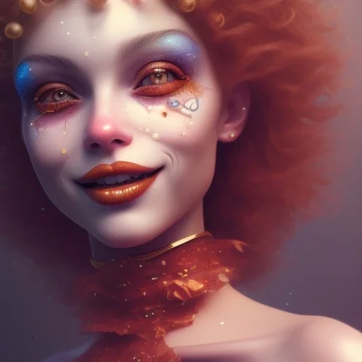 Ultra detailed very beautiful smileing clown girl,beautiful real skin, red nose, symmetrical, ultra detailed curl hair, soft lighting, ultra detailed face, concept art, circus,party, digital painting, octane render, art by artstation