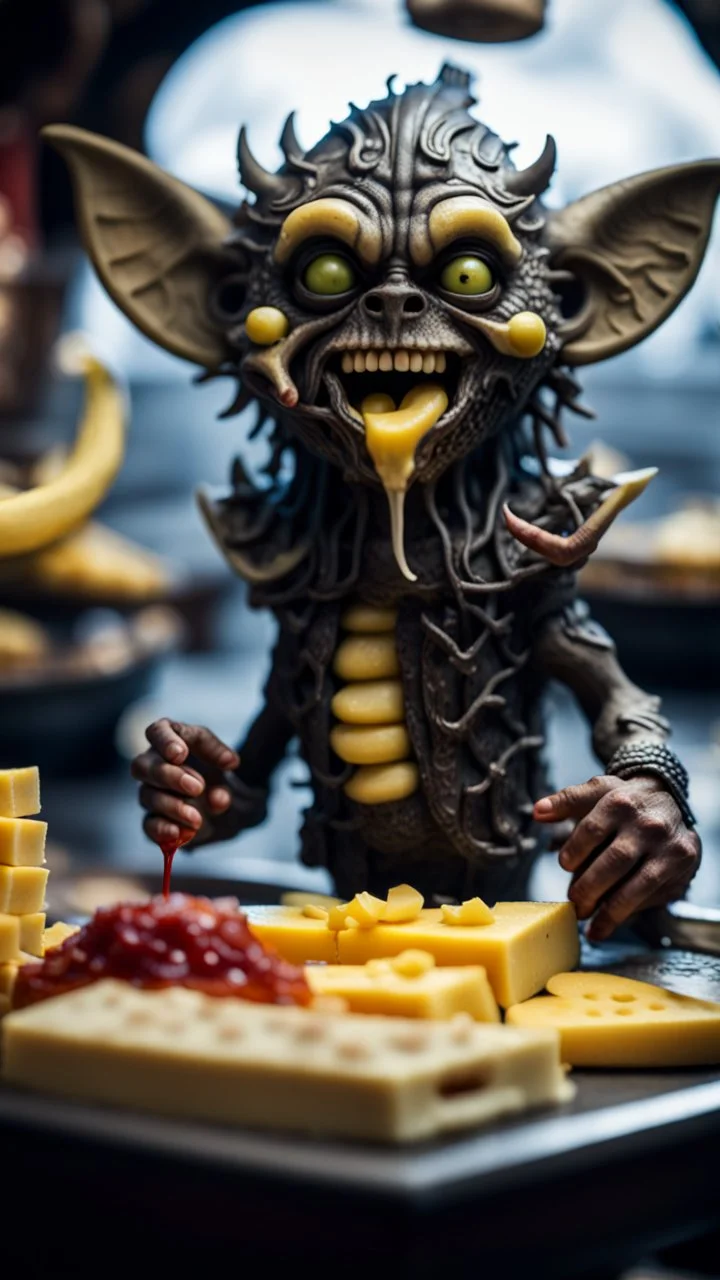 full body portrait of a banana werewolf gremlin star eating cheese doodles and the blood of fish on a viking ship, in the style of Giger,bokeh like f/0.8, tilt-shift lens 8k, high detail, smooth render, down-light, unreal engine, prize winning