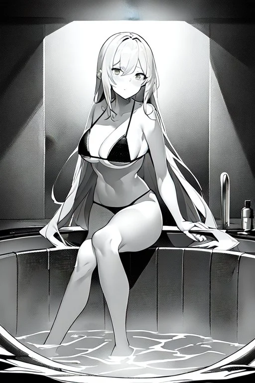 bikini long hair thin girl with leg in abyss pool, greyscale, sexy pose, screen tones