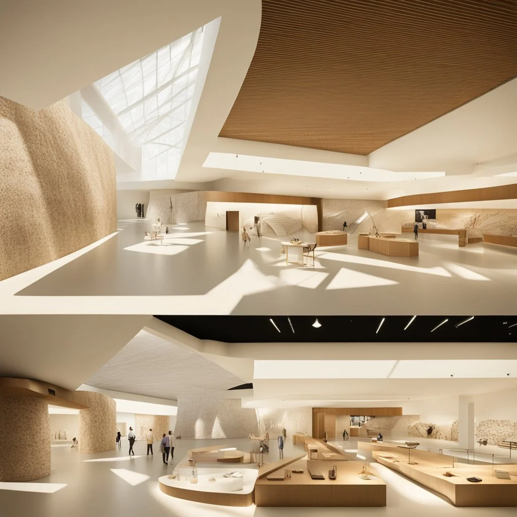 Museum design with “interactive exhibition halls”, natural lighting, modern style, earthy colours