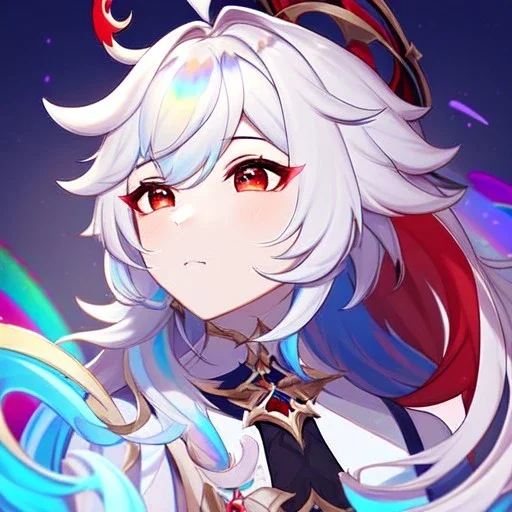 Genshin woman, Clear Focus High resolution, Calm Background, Light skinned woman, Rainbow long beatiful hair, Red sparkling eyes, Very Beatiful Face, Splash art