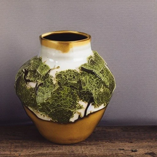 photo of a small cracked ceramic vase repaired with gold, kintsugi, lush greenery, natural setting, beautiful landscape photography, beautiful, vines and leaves, delicate, cinematic, high detail, beautiful composition, delicate arrangement, aesthetic, soft lighting, award winning photography, tender