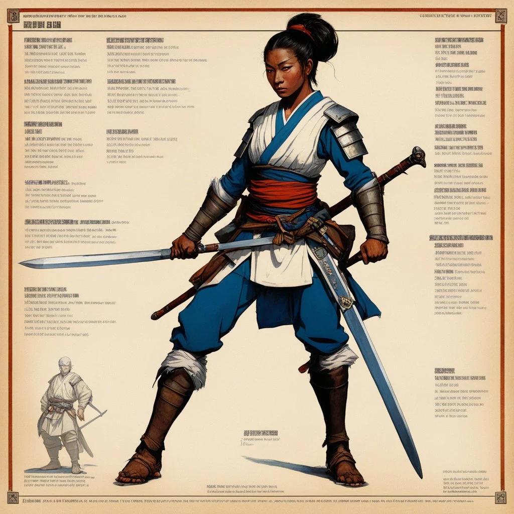 character concept sheet with AD&D statistics and characteristics, [high res photo by Norman Rockwell for Bushido] a female medieval warrior adopt a position close to the Japanese Mahami No Nekoashi Dachi (Kokutso Dachi), moving to squat with legs bent, stretching out his arms, one forward with his sword, the other backward, so that the lower part of his body with the folds of his combat robe resembles a fan turned downward