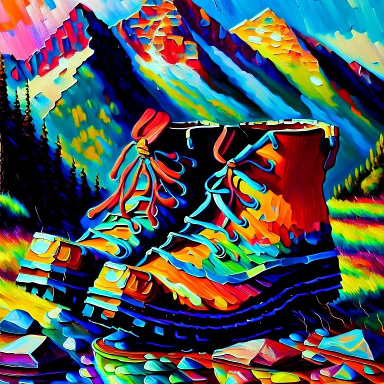 moutain shoes , art, oil colors, bright,