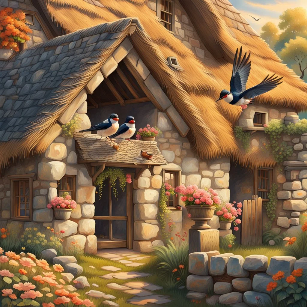 captivating cinematic painting masterfully blending traditional illustration, 3D rendering, and wildlife photography, depicts a picturesque old stone farmhouse with a thatched roof. The harmonious blend of artistic styles creates an atmosphere of serene tranquility, warmth, nostalgia, and timeless beauty. In the cozy home on the roof, three adorable baby swallows rest in their nest, watched over by a swift adult swallow soaring around them. Vibrant hollyhocks cascade along the walls, and hay in