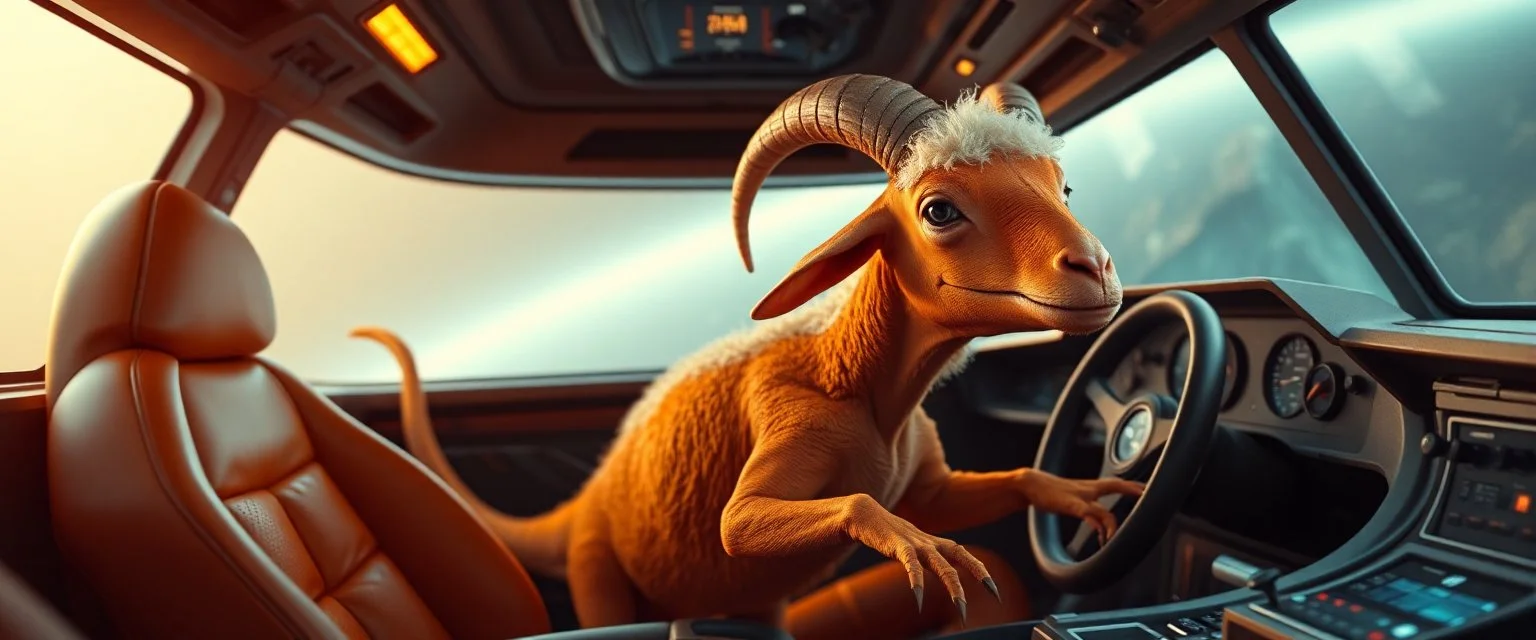 a space sheep in a cockpit with no hair or wool, and orange lizard like skin, running crazy like a dino