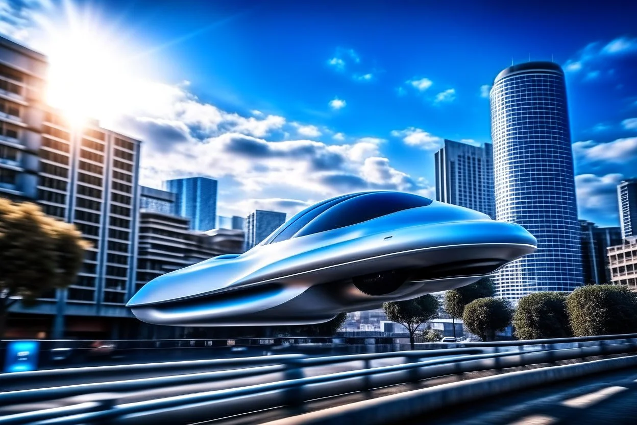 A sleek air car, flying down a futuristic street