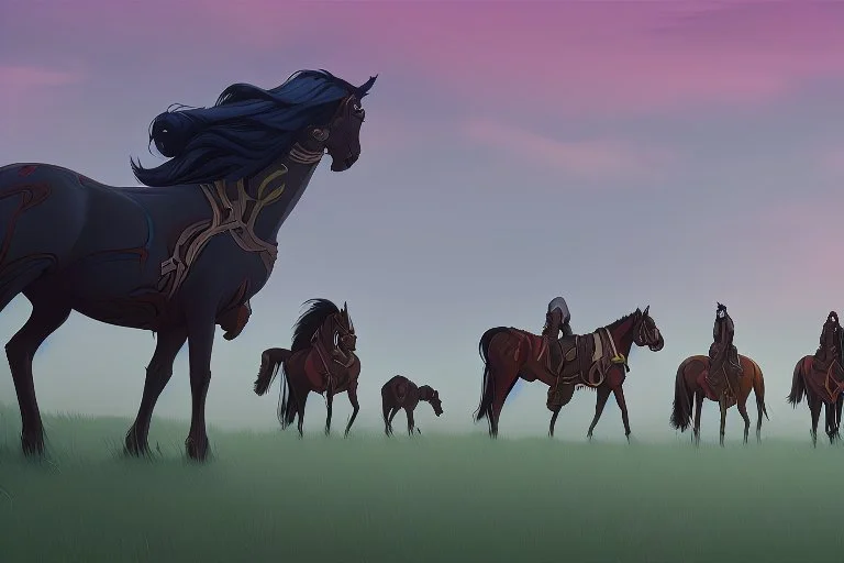 illustration fantasy horses of different colors in a field from afar