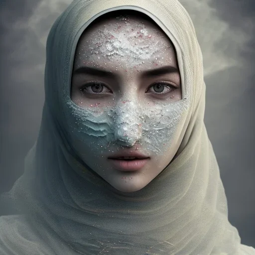 clouds of fog as afghan woman's face, dissolving, disintegrating, wearing hijab, fine detail, highly intricate, modern surrealism painting, high-quality, volumetric lighting, 8k, ultrahd, George Grie, Marco Escobedo, Igor Morski,Brian Froud, Howard Lyon, Selina French,