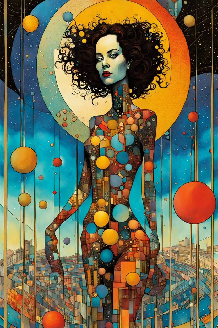 Create a chaotic abstract cubist Tarot Card depicting a full body post apocalyptic, The Juggler , with highly detailed female facial features, in the style of Bill Sienkiewicz, Philippe Druillet, Gustav Klimt, and Jean Giraud Moebius, precisely drawn, colored and inked