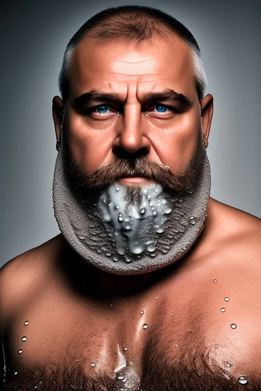 close up photography, dirty burly russian ugly strong chubby 56 years old man, bullneck, milk falling from above, splashing and dripping milk in the face, milk dripping on the beard, with dirty tank top, tattoo, serious eyes, manly chest, 35mm lens, natural light