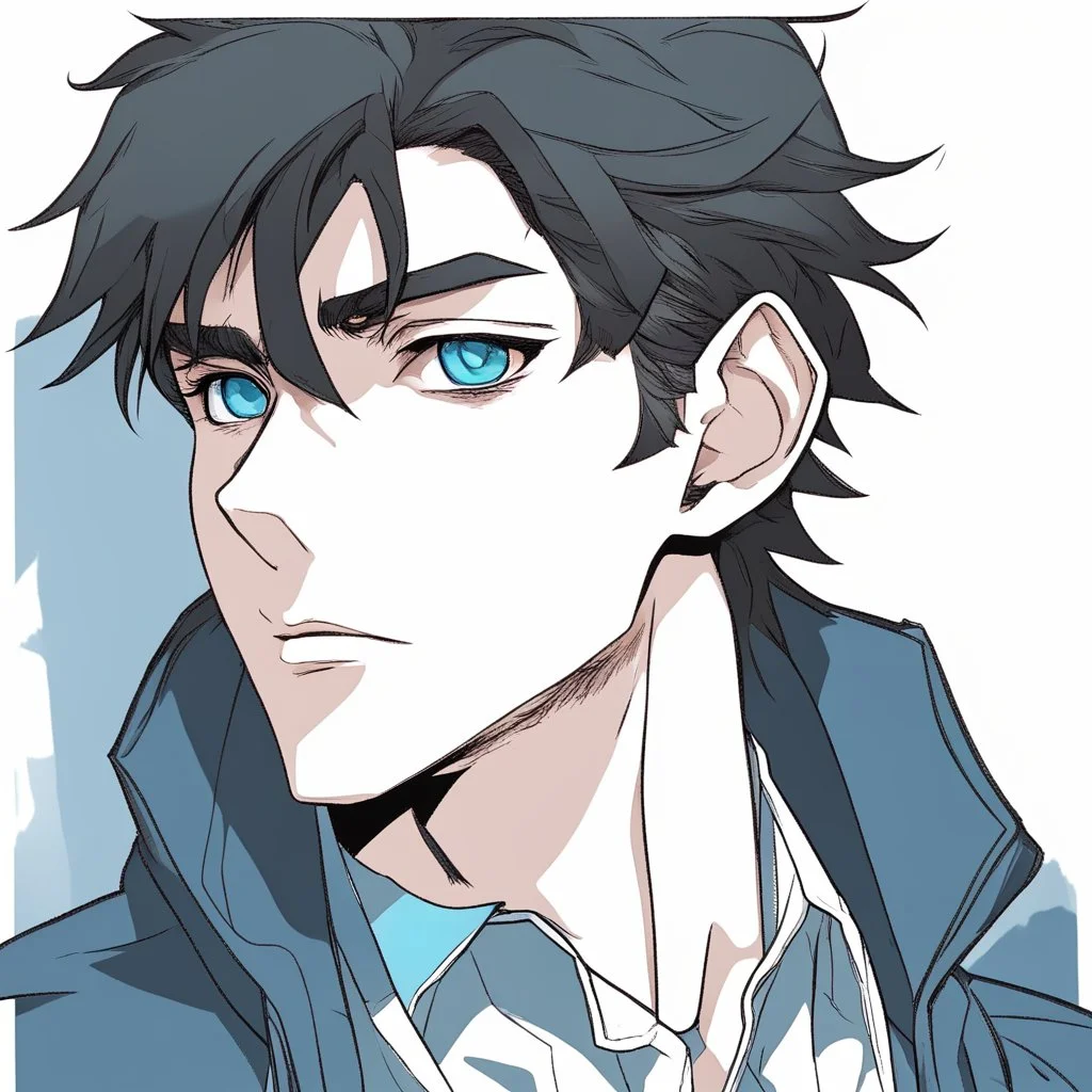 A headshot of a confident handsome man with messy black hair and blue eyes, wearing casual, modern attire, colored manga style, intricately detailed,