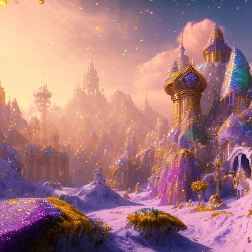 blue gold and violet landscape with multicolored crystals falling from the sky, full of details, smooth, bright sunshine，soft light atmosphere, light effect，vaporwave colorful, concept art, smooth, extremely sharp detail, finely tuned detail, ultra high definition, 8 k, unreal engine 5, ultra sharp focus