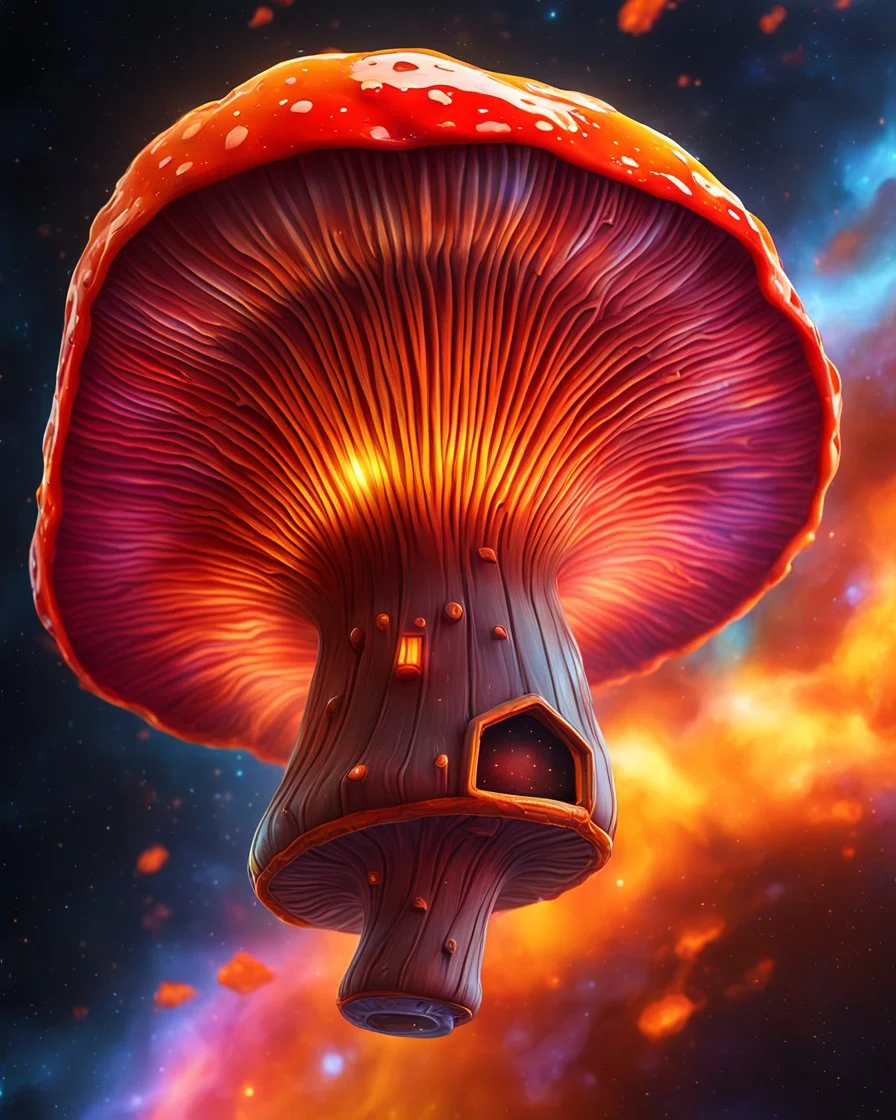 A single weird floating mushroom house in space. Red orange yellow cosmic, deep space nebulas. Detailed gloss Painting, bright color, fantastical, intricate detail, splash screen, hyperdetailed, insane depth, concept art, 8k resolution, trending on Artstation, Unreal Engine 5, color depth, backlit, splash art, dramatic, High Quality Whimsical Fun Imaginative, good composition