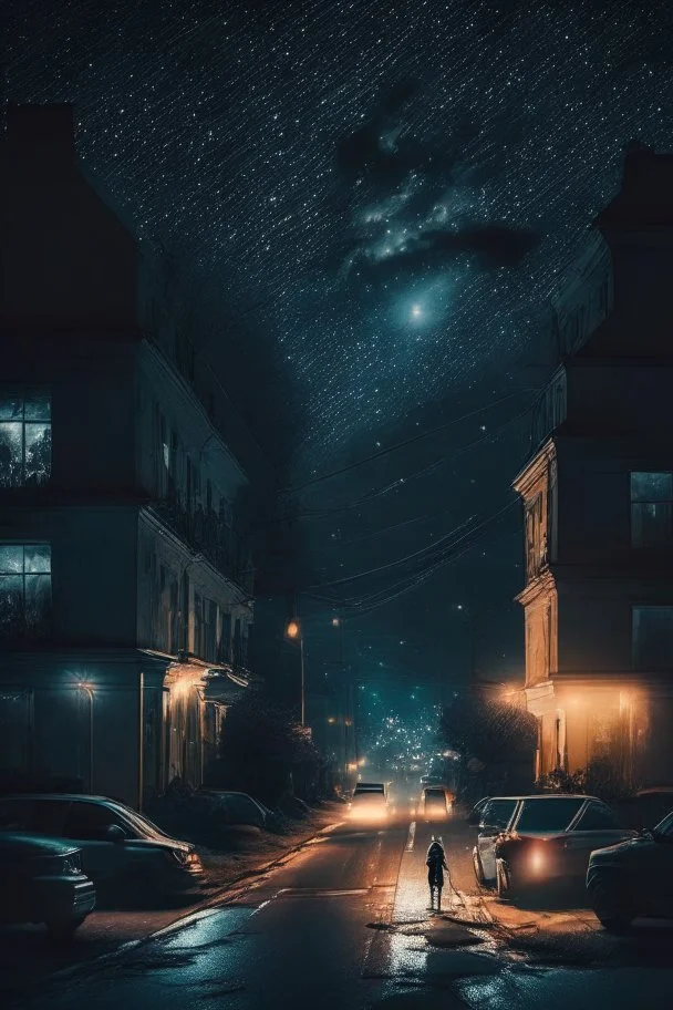 City, darkness, lamps, light, person, houses, stars, road, dim light, cars