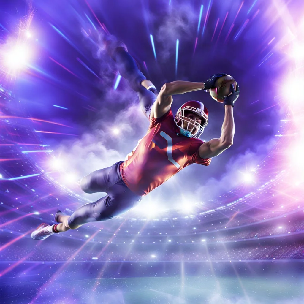 colourful rounded infinity symbol ∞ on shirt, American football player diving with an American football in both hands to score a touch down, striking, vibrant, chiaroscuro, dramatic, captivating, powerful, beautiful, octane render, 16k post-production, artstation: award-winning: atmospheric: commanding: fantastical: clarity: ultra quality: striking: brilliance: stunning colors: amazing depth; lens: f/11, 35mm