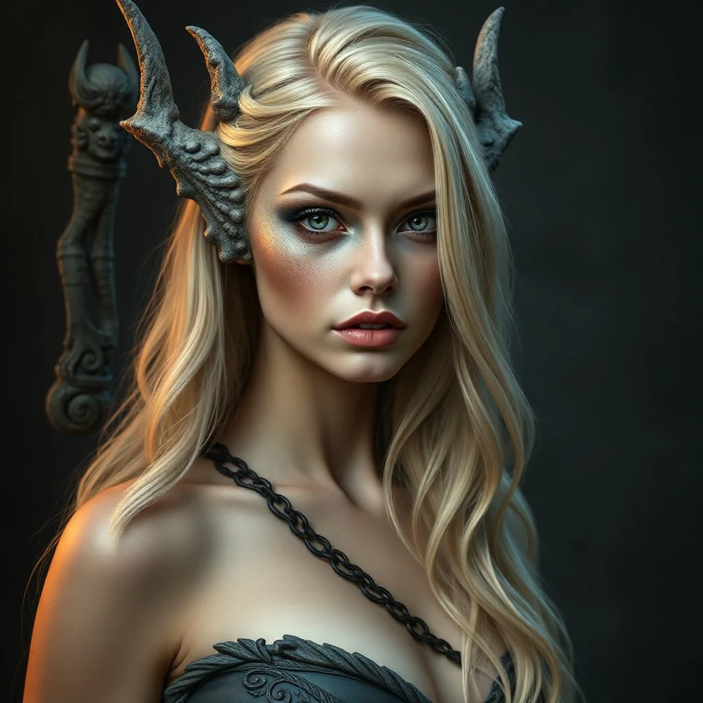 a portrait of an attractive blonde fantasy woman whose face is half human and half stone gargoyle