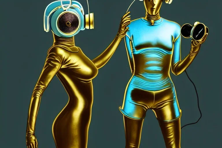 Golden to cyan surfaces body, latex. Tendril-mask-Synthesizer-proboscis. Lightly armored bodies. Metallic headphones and speakers. Man and hot Russian military girl. Old-fashioned cameras ntegrated to heads. Strange Steam-punk Silver tumbler hands! Dystopia perfect body. Mind-download from 1960's computer. Partly symmetrical in relation to speaker. Perfect golden ratio in all directions. Space-corruption. Steam-machines-tubes. Oppressive atmosphere. Thick Mind-upload-cable