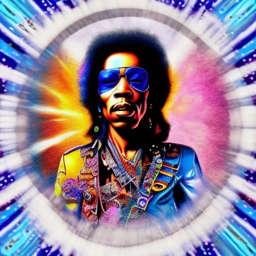 a realistic picture of Jimi Hendrix with dreadlocks, at a turntable with headphones on being a DJ, vivid color, with sunglasses, psychedelic trippy art, with UFOs in the background