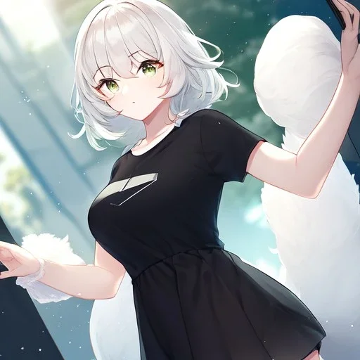 Clear focus, High resolution, light grey short hair, dark green eyes, wearing a black t-shirt and black skirt, fluffy hair, detailed outfit, really fluffy hair