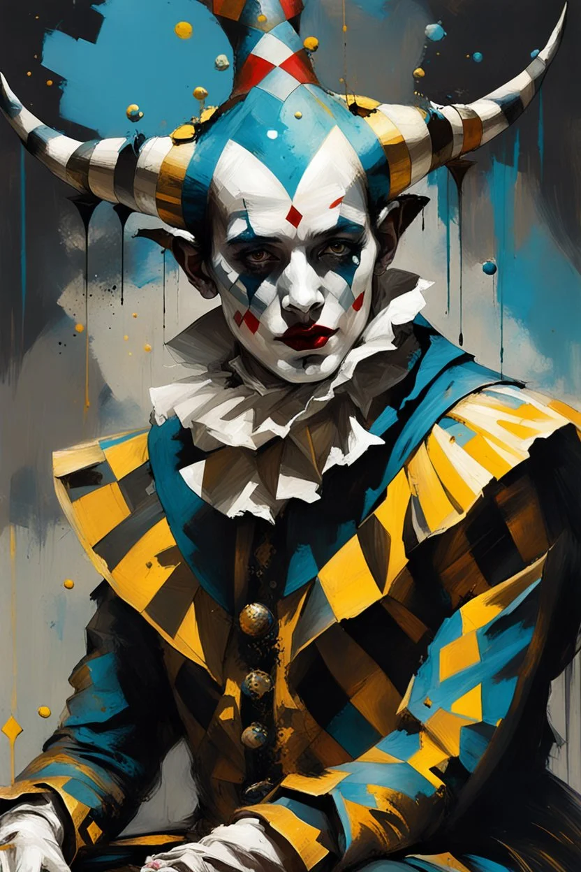 Digital Art of merry harlequin embodying the essence of merriment in a , minimalist approach, influenced by Luis Miranda, Jeremy Mann, Jeffrey Catherine Jones, blends conceptual art with elements of painting and illustration, somber tones, fragmented souls, shadow play, diffuse textures, abstract forms, digital painting, high conceptuality, palette inspired by Jeffrey Catherine Jones, golden ratio composition, fine detail, cinematic lighting.