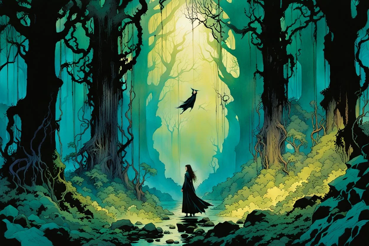 create a wildly conceptual illustration of sorceress coven gathering in an ethereal, otherworldly , darkened, ancient forest draped in hanging moss and climbing vines, in the comic book art style of Bill Sienkiewicz, Mike Mignola, Sparth, and Jean Giraud Moebius, finely drawn, colored and inked, suffused with dramatic natural light and shadow under a midnight blue moon