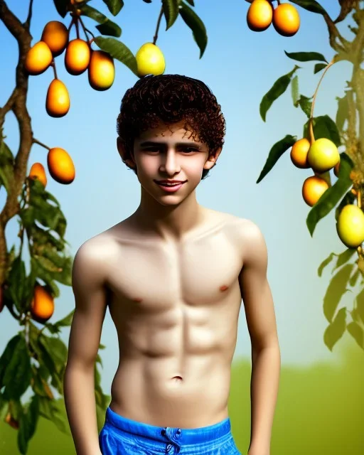 beautiful 12 year old arabic boy with long, curly hair and light blue eyes, smiling, shirtless, in front of a distant mango tree