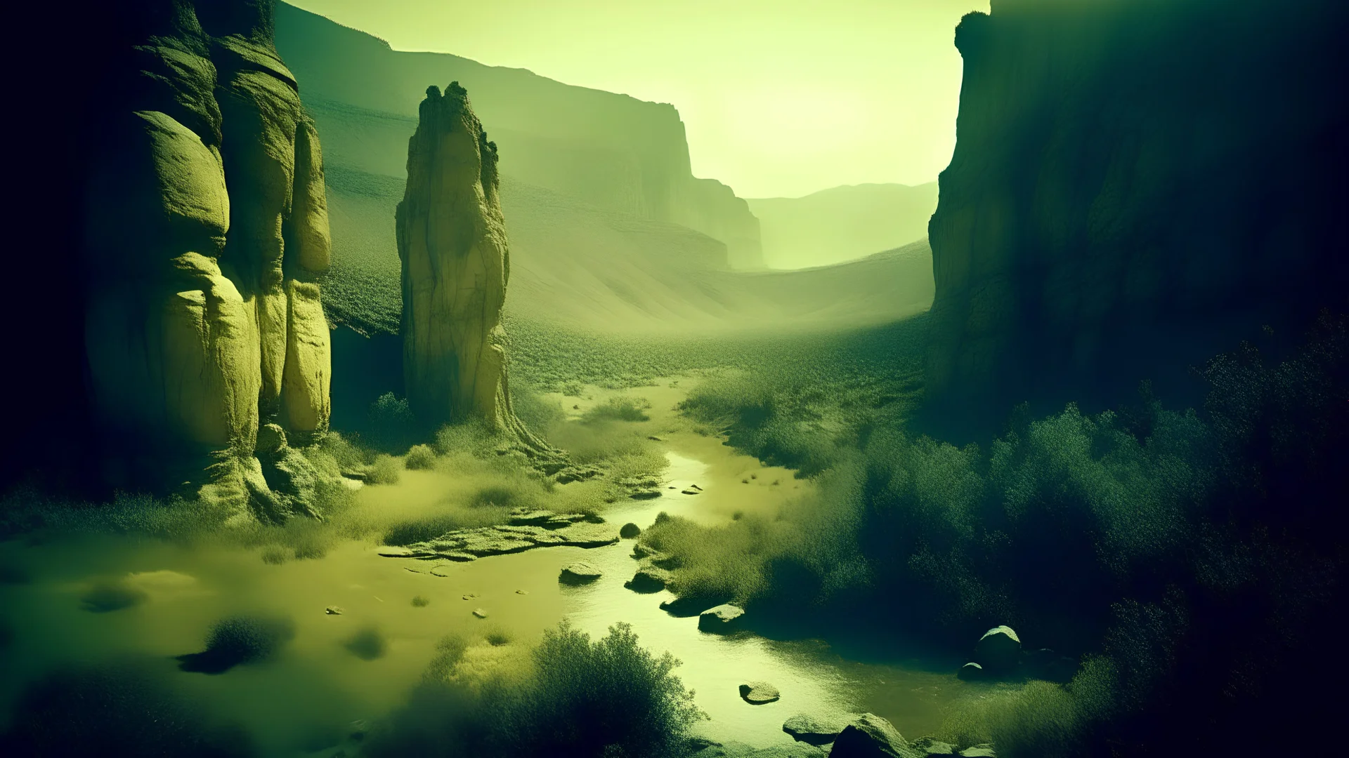 antique analog vintage, Rock formations rising in thin, tall columns, shrouded in mist, surrounded by lush green valleys and a winding river, creating a surreal landscape reminiscent of a fantasy book illustration., navy blue, white and bold yellow color scheme, golden hour glow, stained vignette, highly detailed found footage, desaturated faded film, film skratches and dust