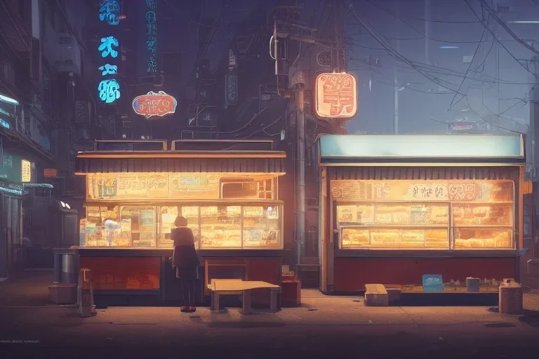 a highly detailed matte painting of a single small building, donut snack bar with take away counter with sign by studio ghibli, makoto shinkai, by artgerm, by wlop, by greg rutkowski, volumetric lighting, cyberpunk, octane render, 4k resolution, trending on artstation, masterpiece