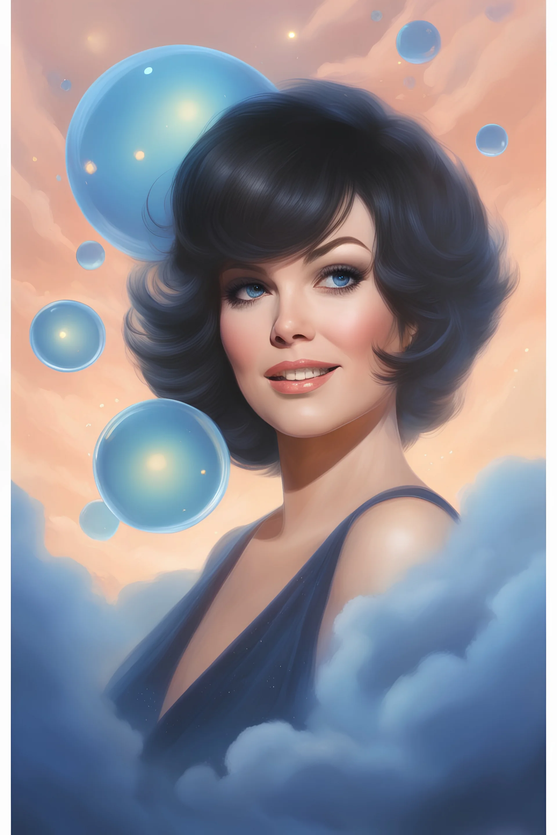 3D Bubbles, Floating hearts with an electrical current, fog, clouds, somber, ghostly mountain peaks, a flowing river of volcanic Lava, fireflies, a close-up, facial portrait of a totally gorgeous Marie Osmond with short, buzz-cut, pixie-cut Black hair tapered on the sides, wide open, cobalt blue eyes, smiling a big bright happy smile, wearing a hoodie over a red bikini, in the art style of Boris Vallejo