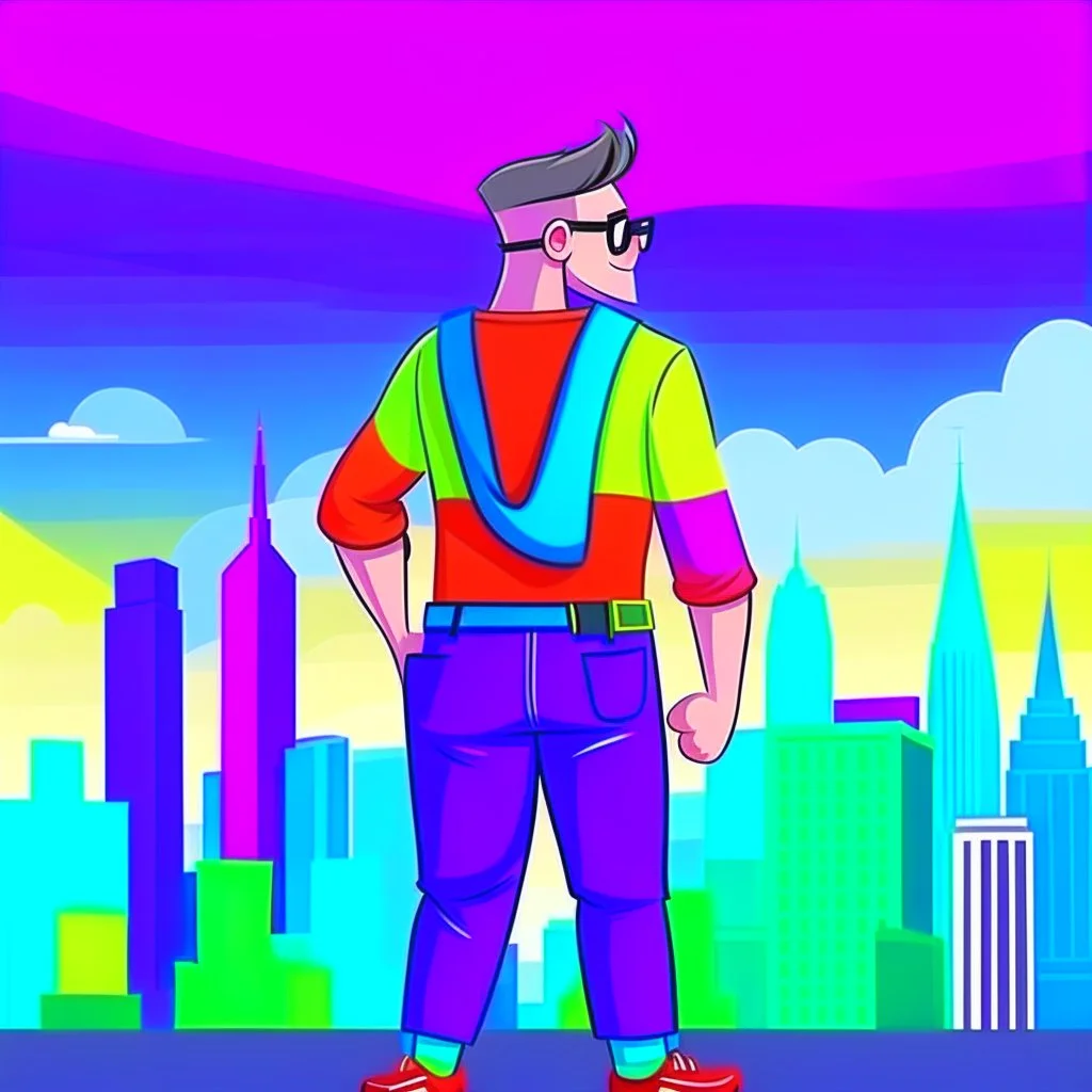 old school cartoon style character gay man wearing pride flag clothing nice background city view